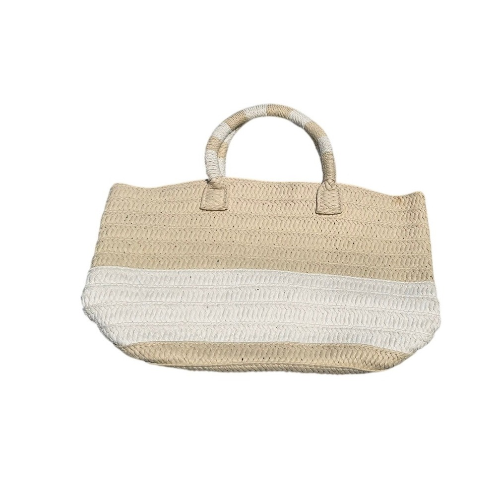 Altru Tan Cream Woven Paper Straw Beach Tote‎ Bag Striped Handles Coastal Boho